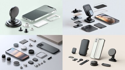 Four phone accessory sets shown with disassembled mounts, cases, and hardware