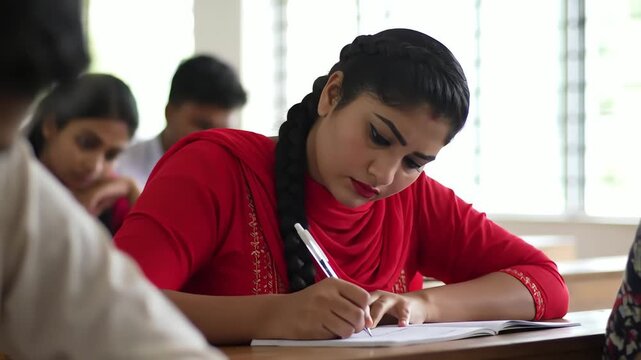 Diligent Indian female student in a traditional red outfit attentively writing an exam in a bright classroom