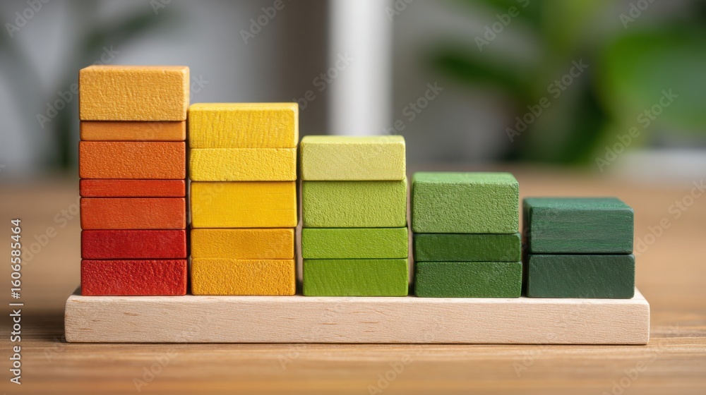Poster wooden block stacking demonstrating climate benchmark comparison and visualization for sustainable d
