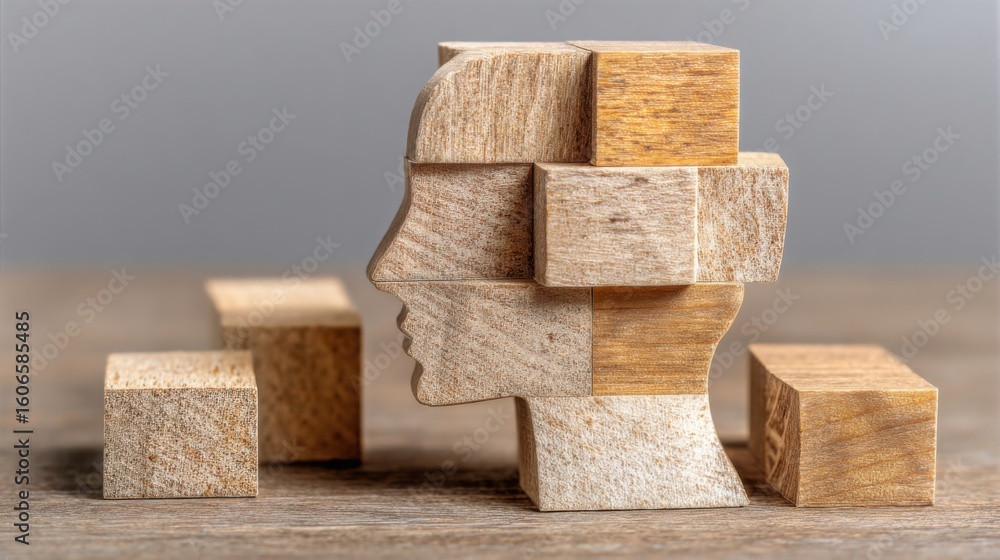 Poster wooden block with face constructed from additional blocks representing cognitive blockchain consensu