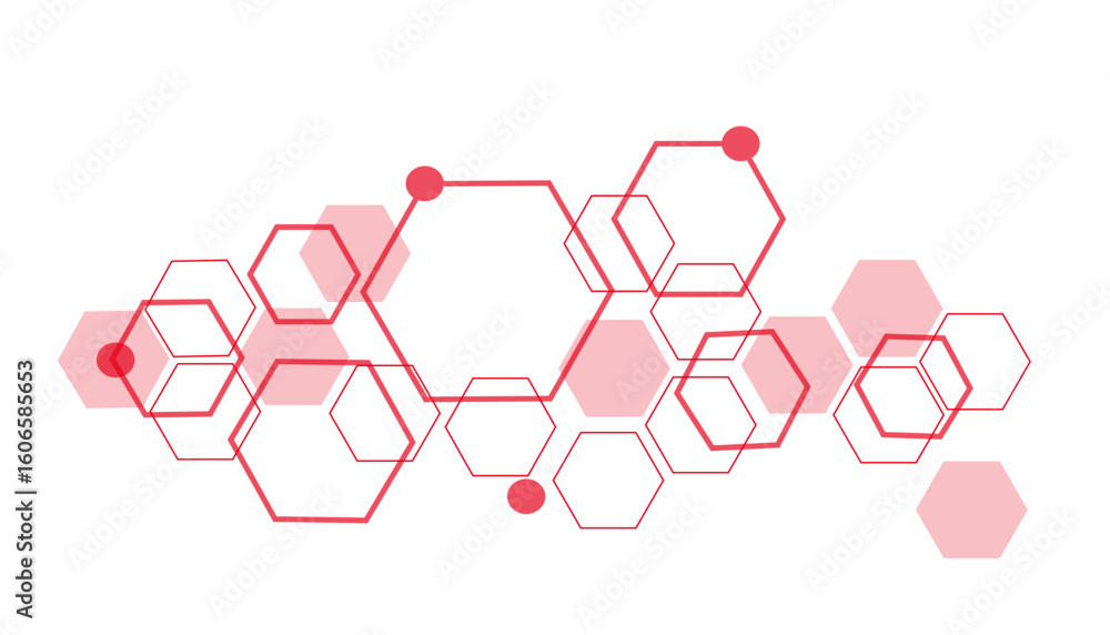 Poster three glossy red interlocking hexagonal shapes arranged geometrically, placed against a modern gradi