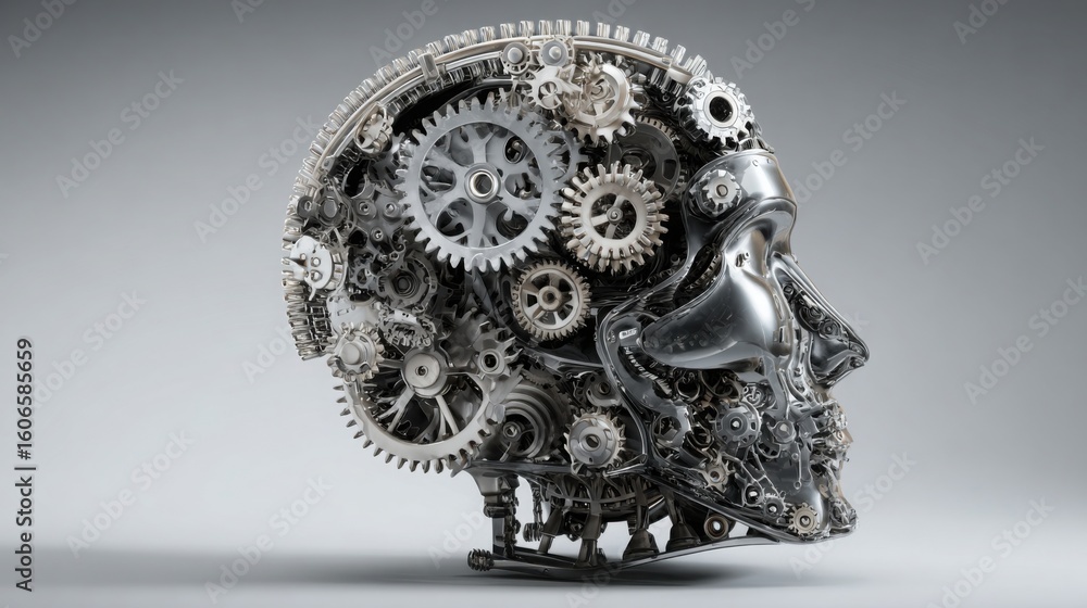 Aufkleber human head constructed from gears illustrating cognitive macro scanner as a macro-economic tool and 