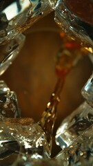 Pouring Whiskey into Glass, Macro Shot. Unique Composition Shot from Inside of the Glass.