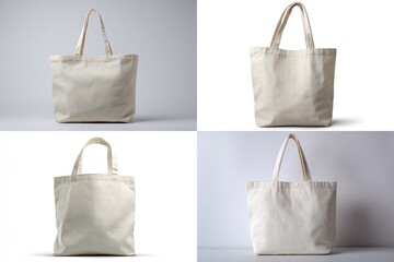 Four off-white canvas tote bags displayed against varying backgrounds; two on white, two on light grey, demonstrating slight shadow and angle variations