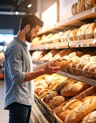 Young Man Buying Fresh Bread in Supermarket– Traditional Loaves, Rolls & Warm Shopping Experience