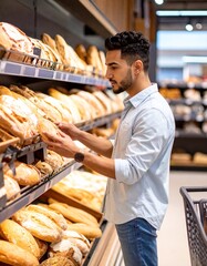 Young Man Buying Fresh Bread in Supermarket– Traditional Loaves, Rolls & Warm Shopping Experience