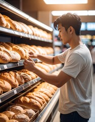 Young Man Buying Fresh Bread in Supermarket– Traditional Loaves, Rolls & Warm Shopping Experience