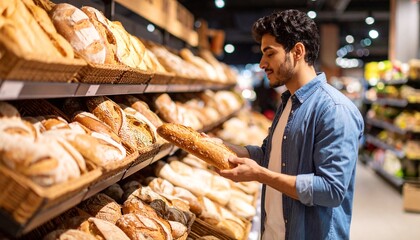 Young Man Buying Fresh Bread in Supermarket– Traditional Loaves, Rolls & Warm Shopping Experience