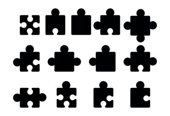 Set of 12 Silhouette Puzzle Pieces - Jigsaw Vector Elements for Business and Strategy Presentation