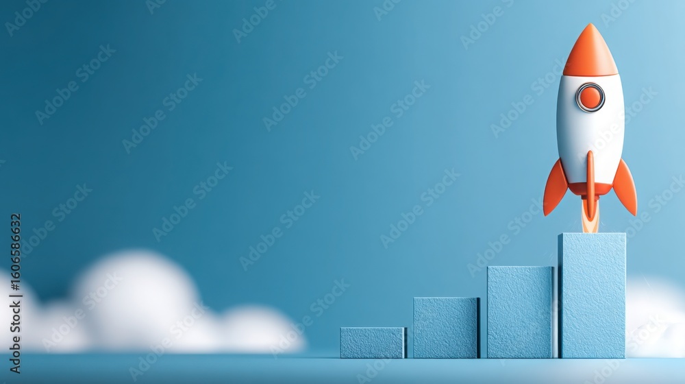 Poster impressive rocket positioned on top of a tall building in a creative challenge map icon concept for 