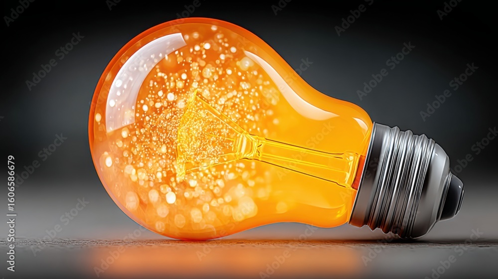 Poster illuminated light bulb with a glowing orange light inside in a creative conflict resolver icon conce