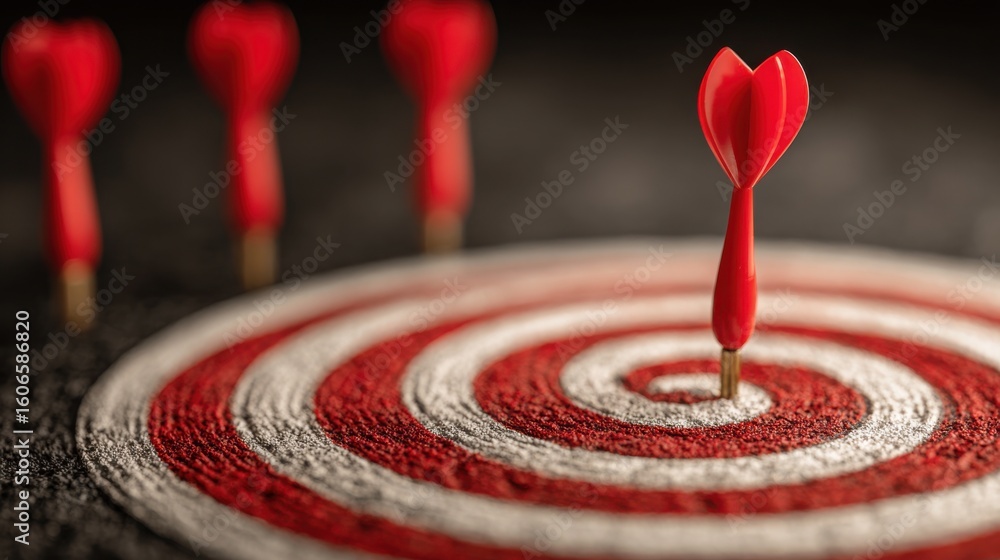 Poster red dart precisely hitting illustrating focused goal alignment and success in creative execution met