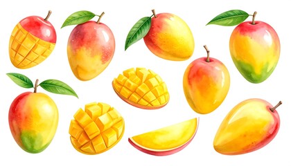 Watercolor Illustration with Vibrant Mango Fruit Varieties Isolated on White Surface