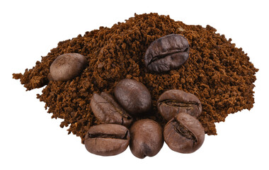 Pile of ground coffee and coffee beans isolated on a transparent background. Full depth of field....
