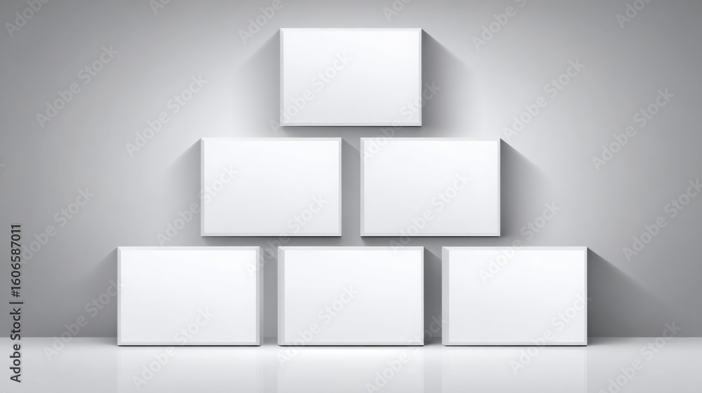 Poster neatly stacked white cubes forming a creative resource grid representation of organization and minim