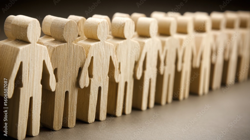 Poster group of wooden figures representing skills inventory in a creative grid layout for identification a