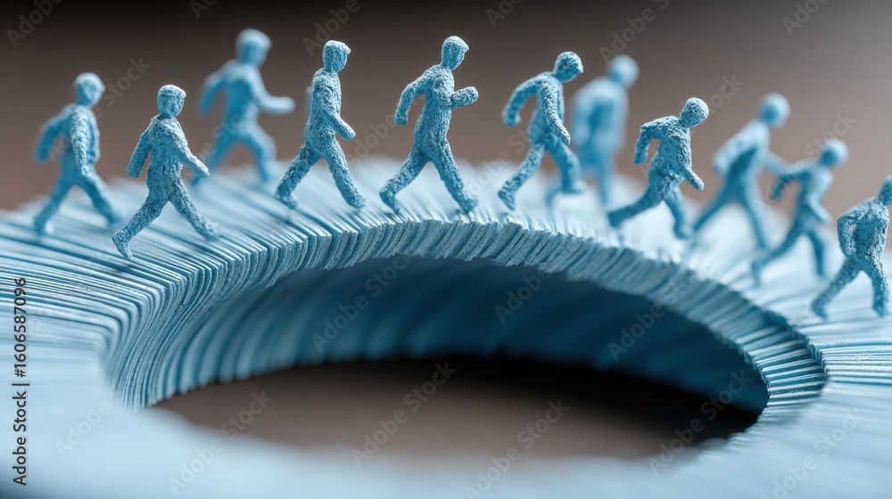 Poster group of people walking along a spiral path in a creative sprint timeline depicting a linear dashboa