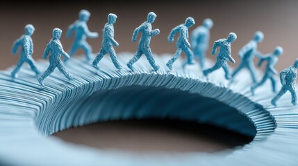 Group of people walking along a spiral path in a creative sprint timeline depicting a linear dashboard concept