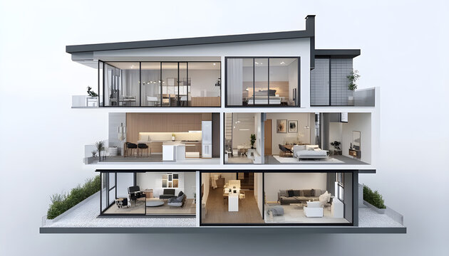 Modern minimalist house cross-section with detailed interior layout including kitchen, living room, office, bedroom, and bathroom