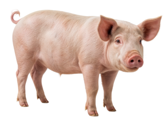 A pink pig stands on a transparent background. The animal is a pig and has a curly tail, and a snout