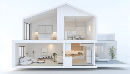 Modern minimalist house cross-section with detailed interior layout including kitchen, living room, office, bedroom, and bathroom