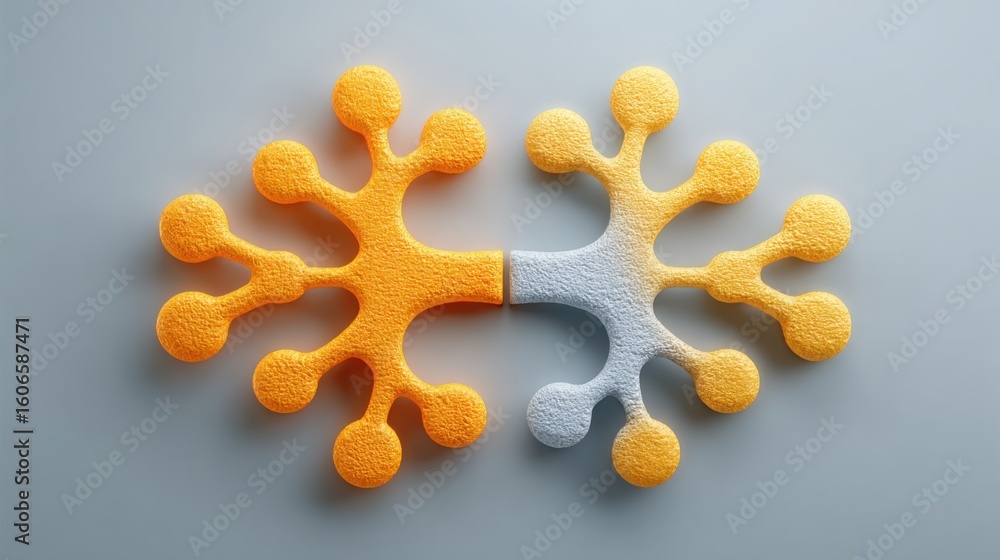 Poster group of orange and white sponges depicting neuron-style web in cross-team brain network conceptuali