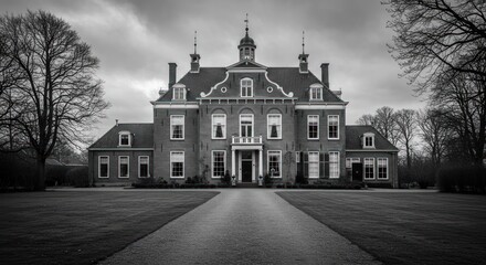 A stately brick mansion with symmetrical design, featuring a long driveway and surrounded by trees, under a cloudy sky.
