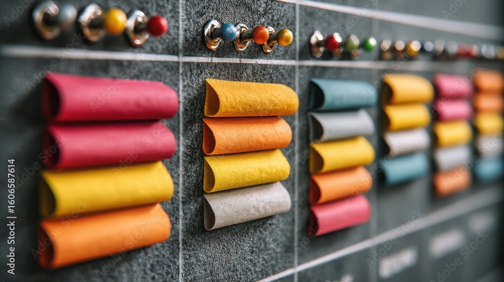 Poster vibrant wall display featuring a variety of colorful rolls representing structured visuals for desig