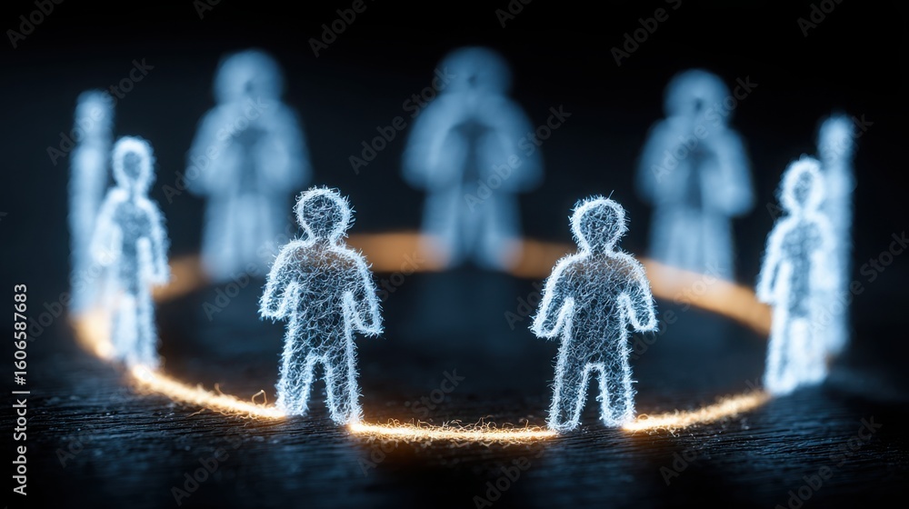 Poster group of people standing in a circle engaging in a digital feedback loop for enhanced collaboration 