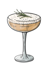 Cocktail rosemary hand drawn isolated on white background. Vintage sketch of glass of alcoholic drink. Colorful party cocktail. Vector illustration