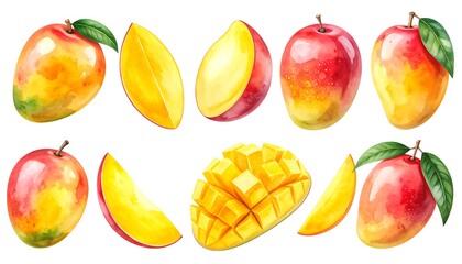 Watercolor mangoes illustration set featuring whole, sliced, and cubed fruits perfect for summer