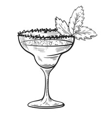 Margarita cocktail with lime and mint hand drawn isolated on white background. Vintage sketch of alcoholic drink glass. Party cocktail. Vector illustration