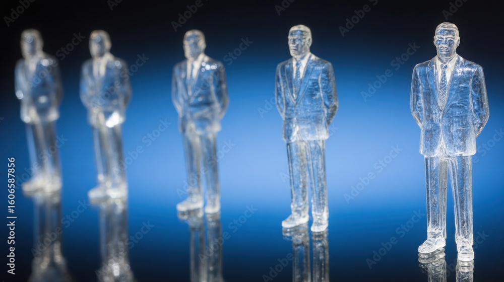 Poster group of glass figurines arranged in a dynamic composition representing modern roles and teamwork in