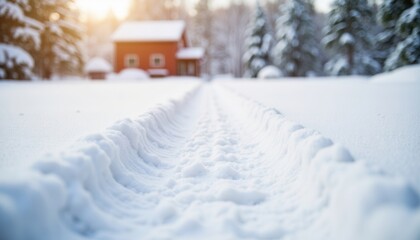 Snowy landscape with tracks leading to red cabin in winter  