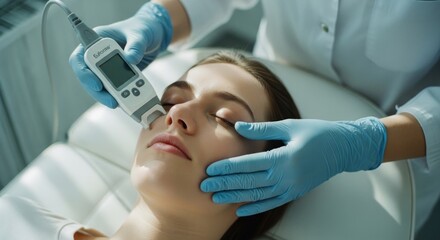 Woman receiving facial treatment.  A medical professional applies a device to a woman's face
