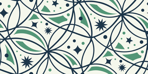 Abstract vector composition of overlapping green and blue geometric and organic shapes on black grid background, with star and swirl motifs, mixing symmetry and randomness in modern style