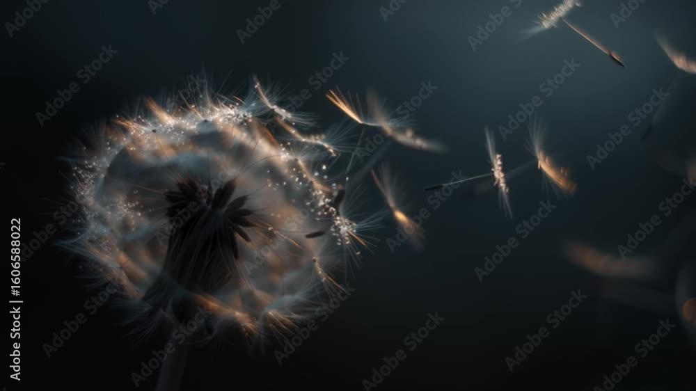 Poster dandelion seeds gently blowing in the wind at sunset creating a magical atmosphere in a serene envir