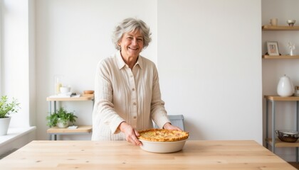 Elderly woman smiling while holding a pie in a bright kitchen  