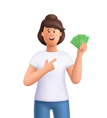 Young smiling woman Jane holding cash banknotes. Payment, banking, shopping, financial success, money management concept. 3d vector people character. Cartoon minimal style.
