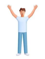 Young smiling man James standing with raised hands. Celebrating, goal achievement, victory and win concept. 3d vector people character. Cartoon minimal style.