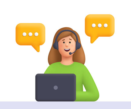 Young smiling woman Kate with headset and laptop talking with clients. Customer service, call center, hotline, customer support concept. 3d vector people character. Cartoon minimal style.