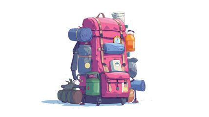 A digital illustration of a large, pink backpack overflowing with various camping and travel items.  The backpack is depicted in a cartoonish style with a slightly painterly texture. It's heavily