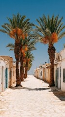 Palm tree lined street of white buildings reaching ocean