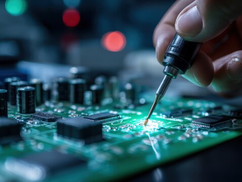 Precise Electronic Circuitry Examination: A detailed, high-angle perspective captures a technician's focused work on a complex circuit board.