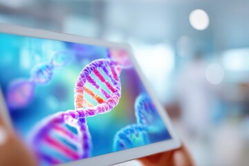 colorful dna strand hologram viewed on digital tablet held in hand in biotechnology lab environment representing genetic research on antiaging and life extension concept