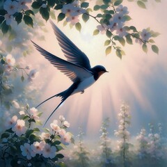 A painting of beautiful songbird on a background of vibrant blossoms and gentle light