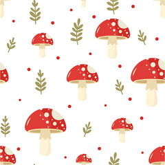 Red Glowing Mushrooms with Leaves Repeat Vector Abstract Seamless Pattern 