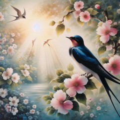 A painting of beautiful swallow on a background of blooming flowers and soft sunlight