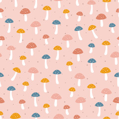 Multicolored Bright Mushrooms and Doted Repeat Vector Kid Abstract Pattern  