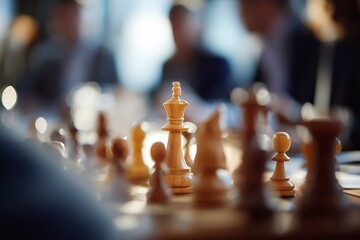 Wooden chess pieces on a board with business professionals blurred in background, conveying strategic thinking and planning.